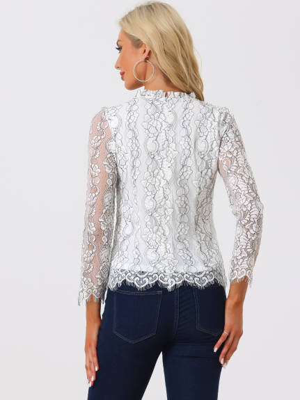 Allegra K- Ruffle Round Neck Long Sleeve Lace Floral Blouse