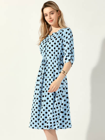 Allegra K - Polka Dots Ruched Sleeve Midi Dress