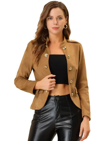 Allegra K- Faux Suede Open Front Button Decor Steampunk Jacket