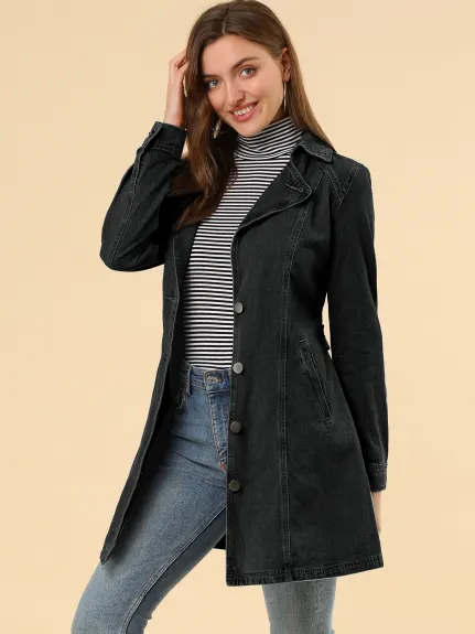 Allegra K - Veste longue en jean avec ceinture et bouton à revers cranté