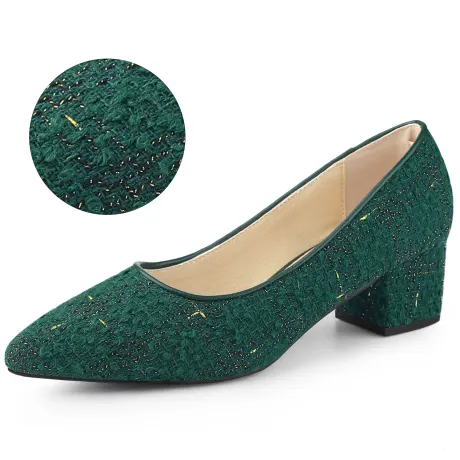 Allegra K - Pointy Toe Tweed Plaid Knitted Printing Block Heel Pump