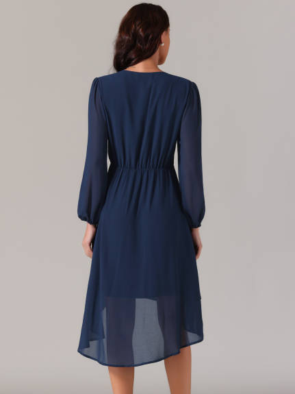 Allegra K - V Neck Lantern Sleeve Pleated Midi Dress