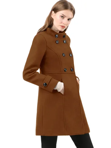 Allegra K- Stand Collar Long Sleeves Double Breasted Coat