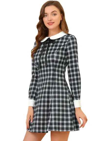 Allegra K- Contrast Peter Pan Collar Long Sleeve A-Line Plaid Dress