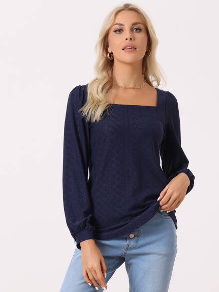 Allegra K- Collar Puff Eyelet Tunic Tops