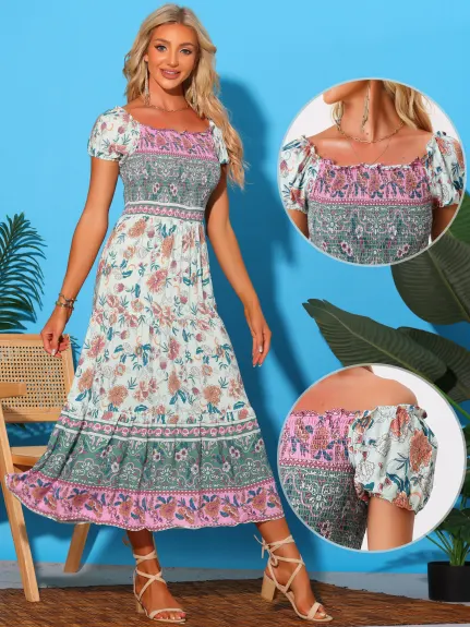 Allegra K- Boho Off-Shoulder Floral Smocked Dress