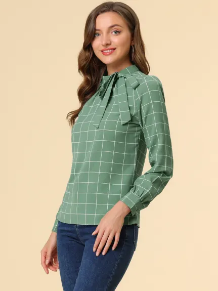 Allegra K- Bow-Tie Neck Blouse Checks Shirt