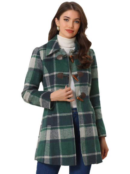 Allegra K- Turn Down Collar Plaid Toggle Duffle Long Overcoat