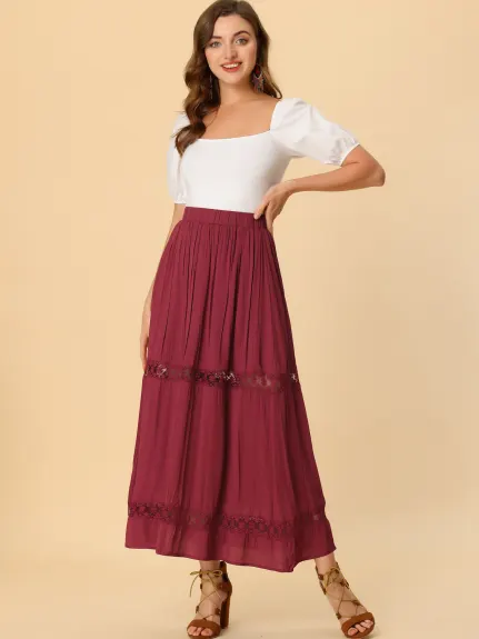 Allegra K - Lace Insert Swing Solid Maxi Skirt