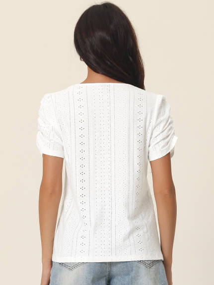 Allegra K- Eyelet Ruched Crewneck Solid Tops