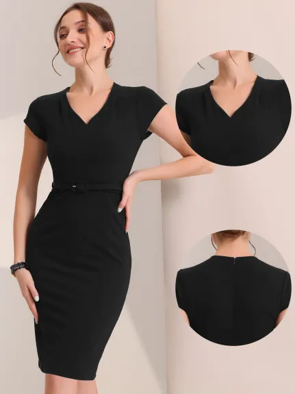 Allegra K- V Neck High Waist Cap Sleeve Sheath Dress