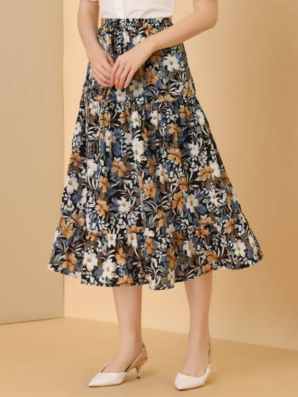 Allegra K- Floral Sunflower Tiered Chiffon A-Line Skirt