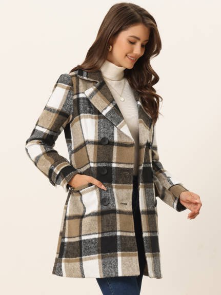 Allegra K- Notched Lapel Double Breasted Plaid Overcoat