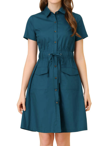 Allegra K- Button Down Cotton Flare Shirt Dress