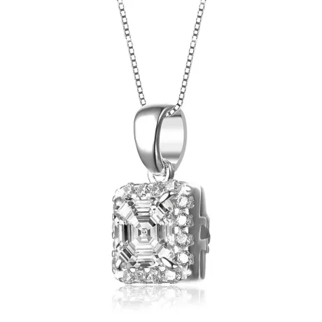 Genevive Sterling Silver with Colored Cubic Zirconia Asscher Cut Square Framed Drop Pendant Necklace