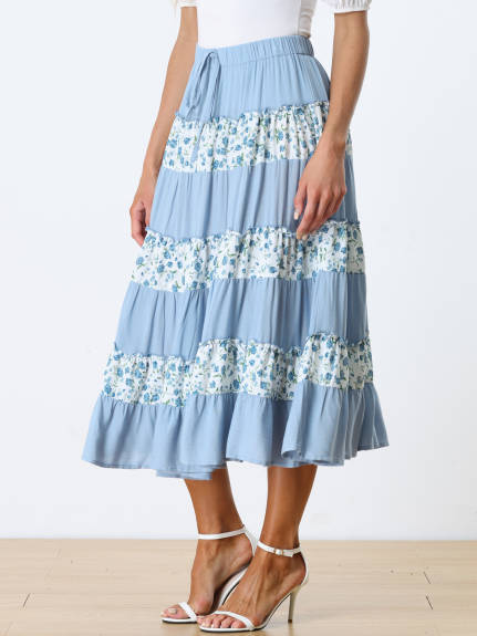 Allegra K- Elastic Waist Floral Midi Tiered Skirt