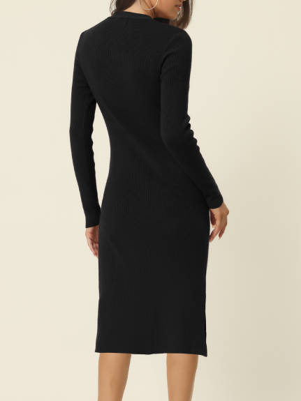 Allegra K - Square Neck Long Sleeve Ribbed Knit Dress