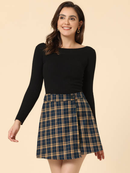 Allegra K - High Waist Layered A-Line Tartan Skirt