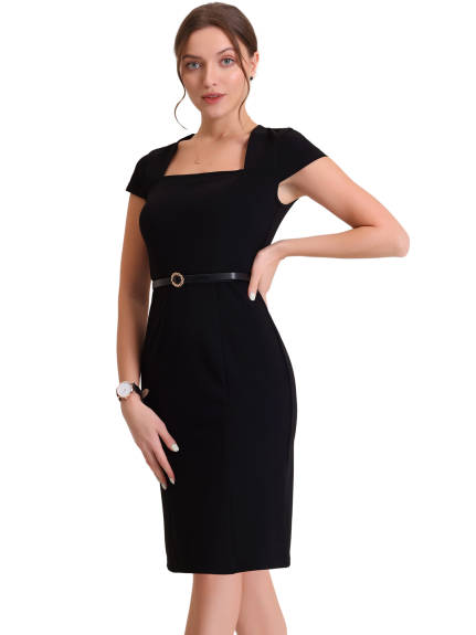 Allegra K- Square Neck Cap Sleeve Belted Sheath Dress