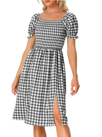 Allegra K- Short Sleeve Slit Plaid Dress
