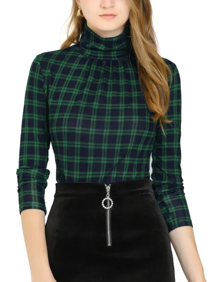 Allegra K- Turtleneck Long Sleeve Slim Plaid Shirt Blouse