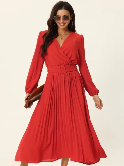 Allegra K- Pleated Puff Long Sleeve V Neck Belt Waist Midi Dress