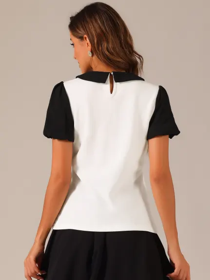 Allegra K- Peter Pan Collar Contrast Puff Top