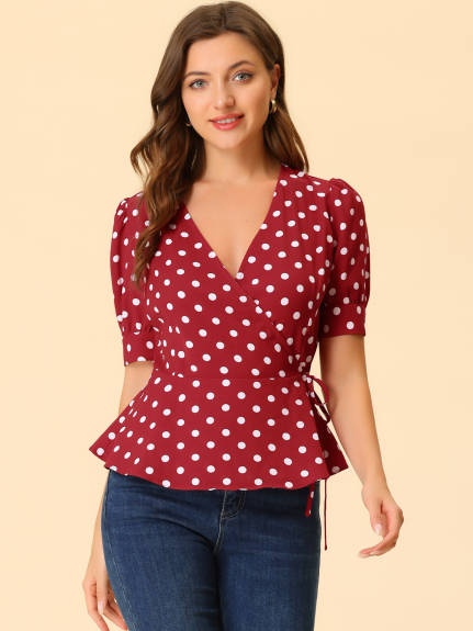 Allegra K - V Neck Polka Dots Short Sleeve Wrap Peplum Top