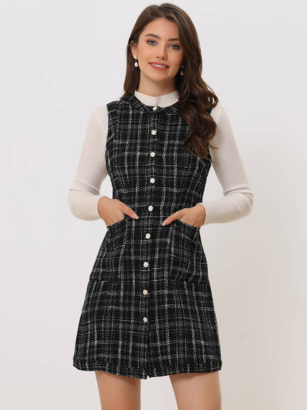 Allegra K - Button Down Pinafore Tweed Dress with Belt