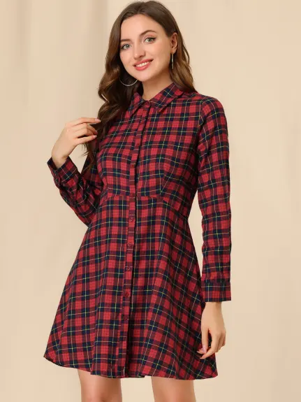 Allegra K- Plaids Cotton Fit and Flare Shirt Dress