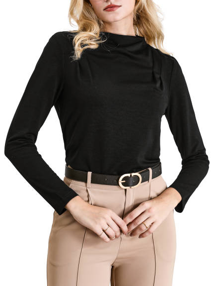 Hobemty - Long Sleeve Mock Neck Pleated Blouse