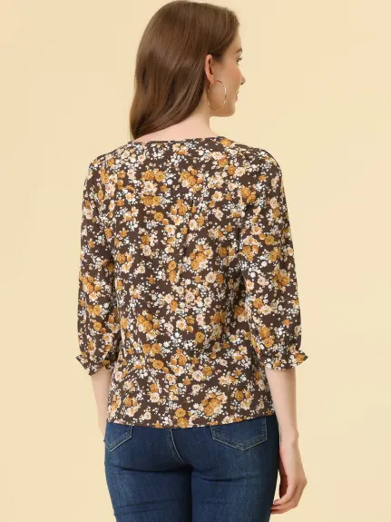 Allegra K- Tie Blouse florale à manches 3/4 et col en V