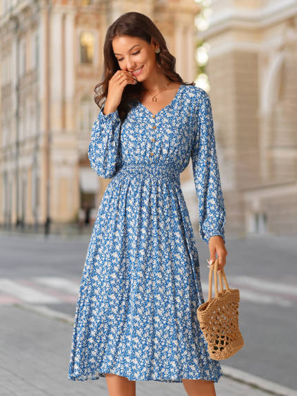 Allegra K - Floral V-Neck Long Sleeve Midi Dress