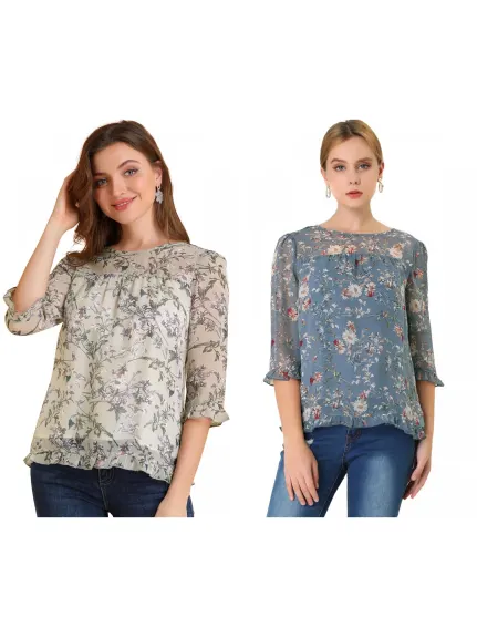 Allegra K- Floral Ruffled 3/4 Sleeve Chiffon Blouse