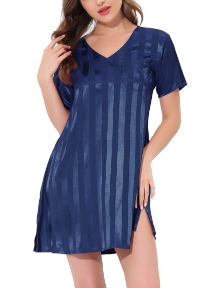 cheibear - Summer Striped Silky Satin Lounge Dress Nightshirt