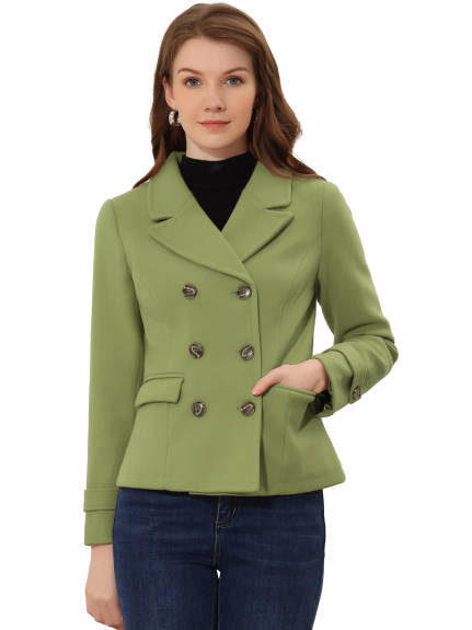 Allegra K- Worsted Notched Lapel Double Breasted Overcoat