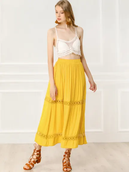 Allegra K - Lace Insert Swing Solid Maxi Skirt