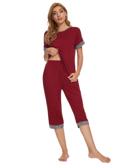 cheibear - Summer Round Neck Pajama Set with Capri Pants