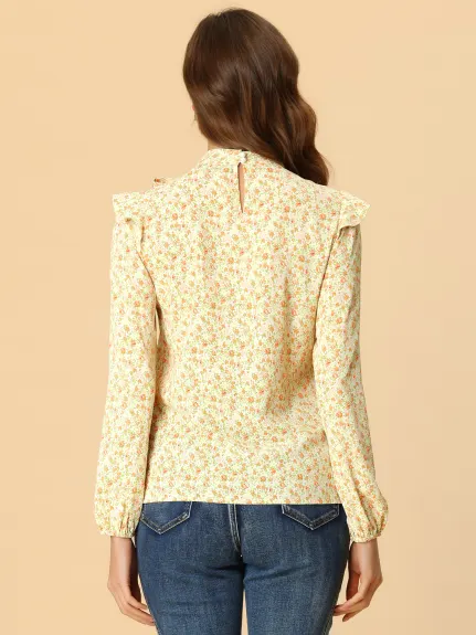 Allegra K- Side Bow Tie Neck Ruffled Floral Blouse