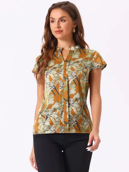 Allegra K- Satin Floral Cap Sleeve Blouse