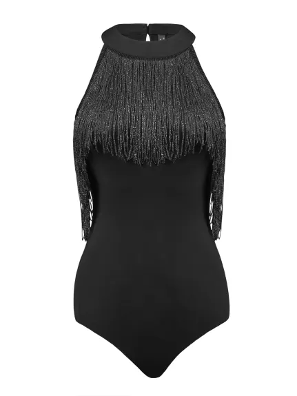 Allegra K - Fringe Trim Halter Neck Bodysuit