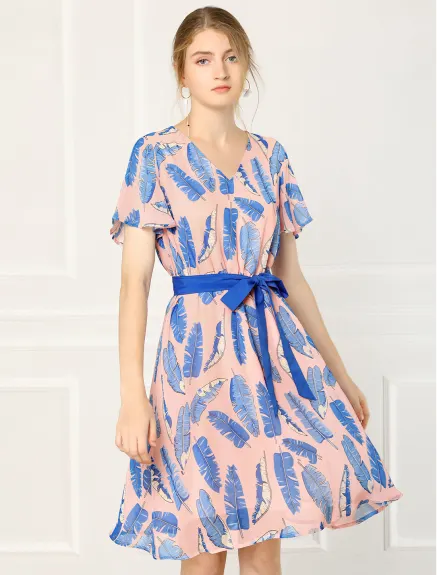 Allegra K- Leaf Prints V-Neck Belted Chiffon Dress