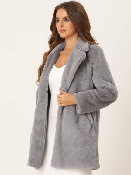 Allegra K - Open Front Fluffy Faux Fur Midi Jackets