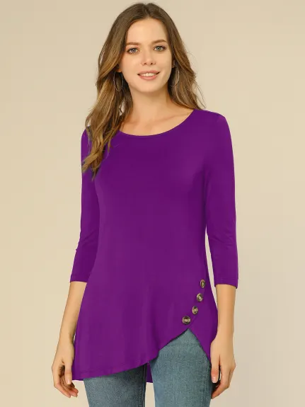 Allegra K- 3/4 Sleeve Tunic Asymmetry Button Top