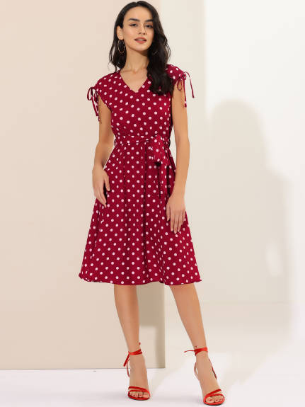 Allegra K- Polka Dots Tie Waist Sleeveless V-Neck Midi Dress