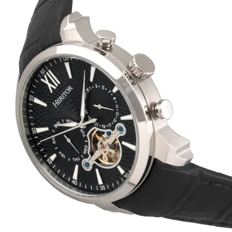 Heritor Automatic Arthur Semi-Skeleton Leather-Band Watch w/ Day/Date - Gold/Silver