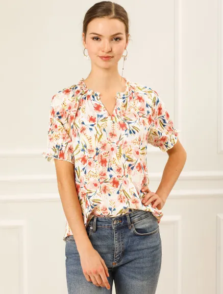 Allegra K- Blouse florale à manches courtes et col à volants