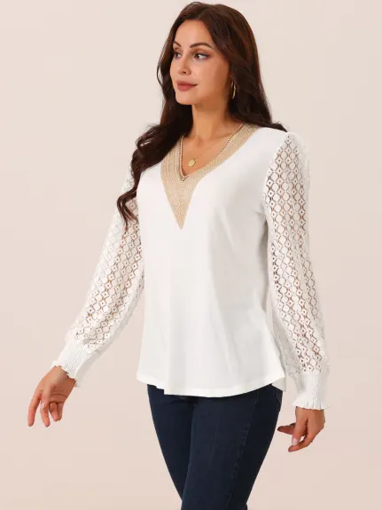 Allegra K - Lace V Neck Hallow Out Sleeve Blouse