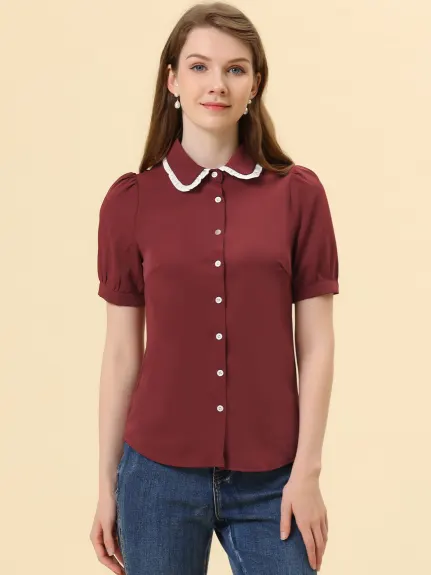 Allegra K- Blouse contrastée à manches bouffantes boutonnée et col noué