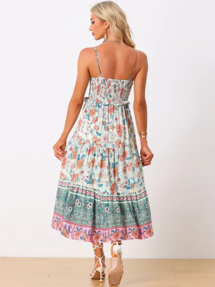 Allegra K- Boho Floral Spaghetti Strap Smocked Dress